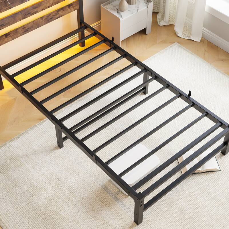 Modern Metal Bed with Wooden Headboard, RGB Lights & Storage Shelf