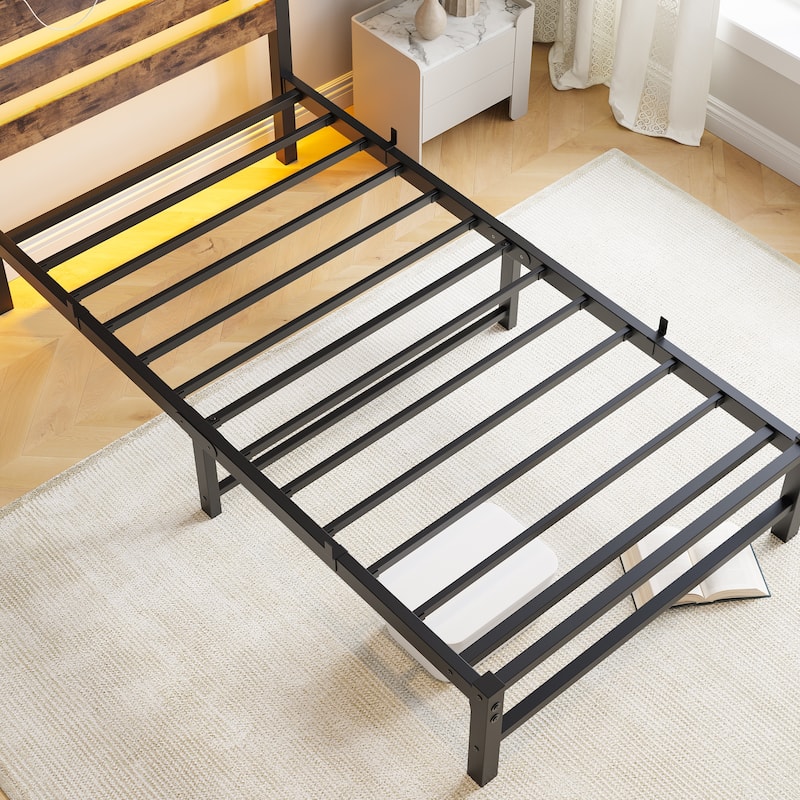 Twin Size Modern Metal Bed with Wooden Headboard, RGB Lights, and Storage Shelf