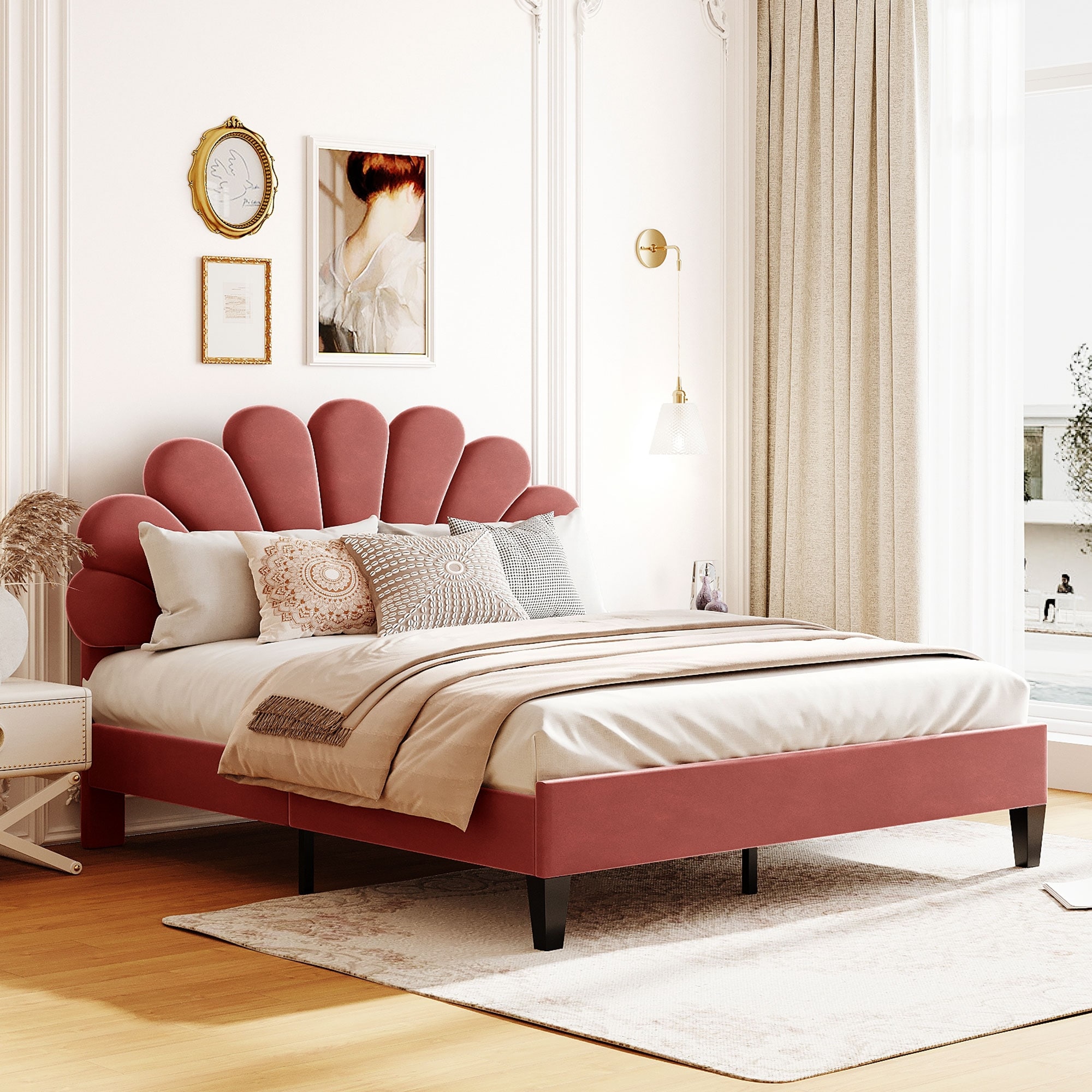 Red Queen Velvet Upholstered Bed with Floral Pattern Headboard - No Box Spring Needed