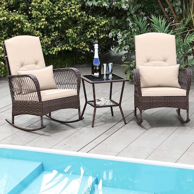 3 PCS Patio Rocker Set Wicker Chairs w/ Double-Layer Coffee Table