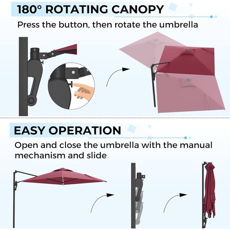 AECOJOY 10ft Solar LED Wall Mounted Outdoor Patio Umbrella, Rectangular Large Offset Cantilever Umbrellas with 180° Rotation
