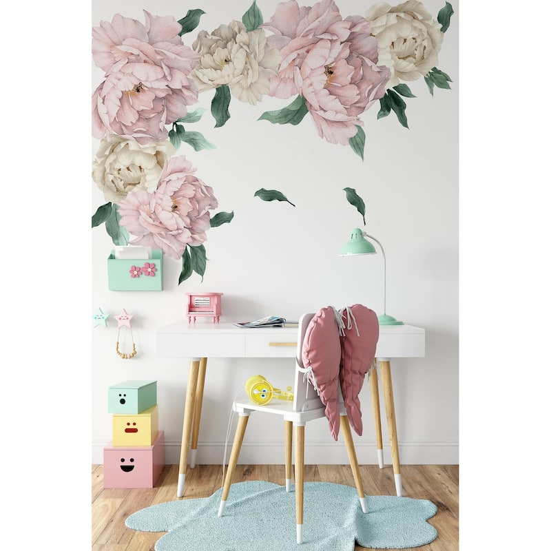 Pink and Beige Peony Flowers Self Adhesive Wall Decal Set