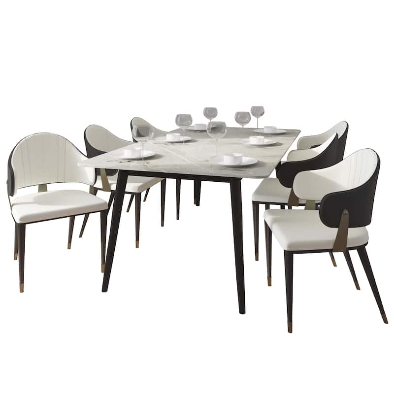 Zayle 7-Piece Dining Set 55-Inch Sintered Stone Tabletop Dining Table and 6 Arm Chairs - Black
