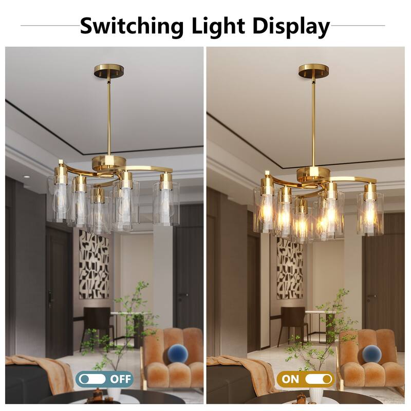 6-Light Gold Chandelier - Dining, Kitchen, Living - Metal, Clear Glass Shade