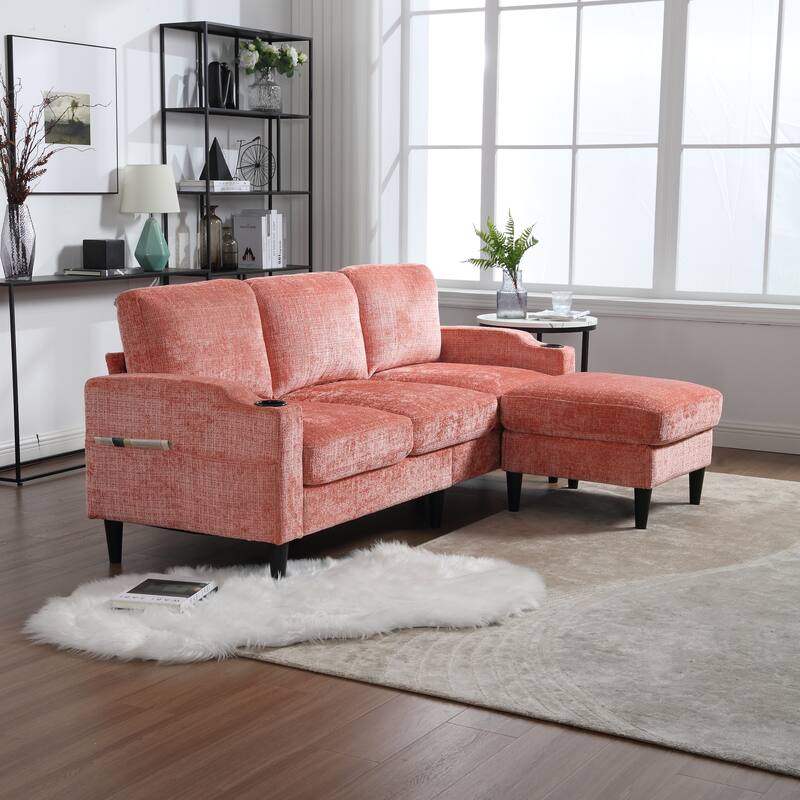 Modular Sectional Sofa with Storage Ottoman, Comfy Chenille Fabric Sofa, 3-Seater Sofa with Side Pockets & 2 Cup Holders