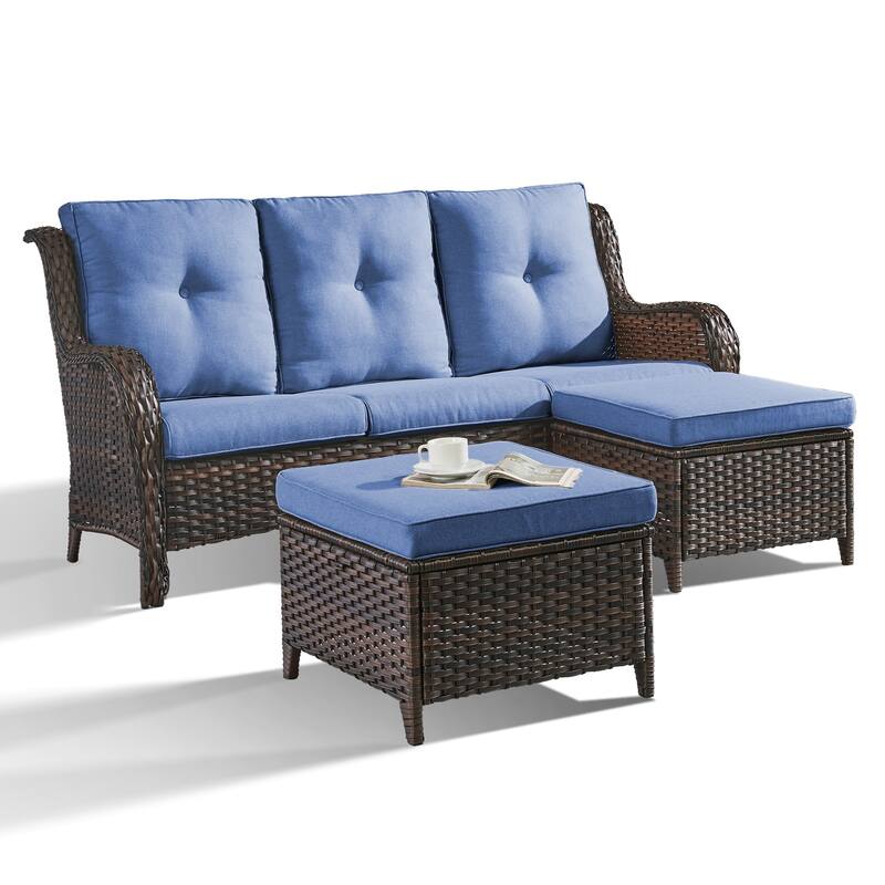 Outdoor 3-Piece Sofa with Ottomans Brown-Blue - Brown