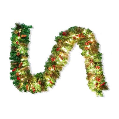9 ft. Tall Green Plastic Prelit Christmas Garland with 50 LED Lights, Bristle, Pine Cones and Red Berries