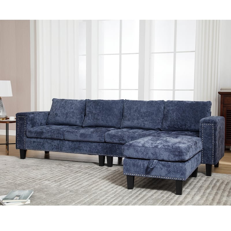 5 Seat Modular Blue Chenille Sofa with Storage Ottoman