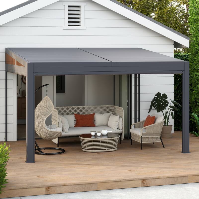 Erommy Wall-Mounted Pergola with Louvered Roof & Pull-Down Screen, Aluminum Awning for Patio or Deck