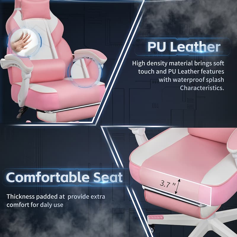 Futzca Gaming Chair PU Leather Office Chair with Headrest, Footrest & Massage Lumbar Support