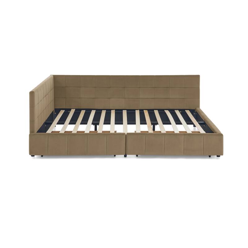 Queen Size Tufted Upholstered Daybed with 2 Drawers, Velvet Fabric Queen Sofa Bed Frame with L Shaped Backrest and Armrests