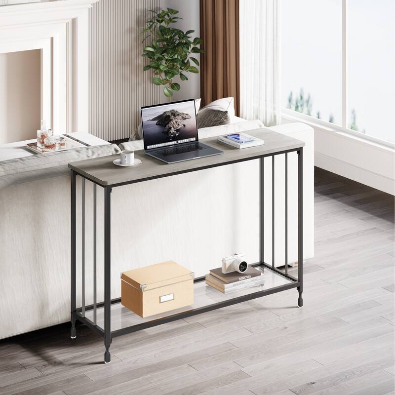 Modern Style Console Table with Glass Shelf and Metal Frame