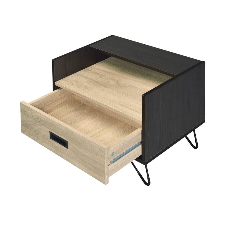 Oak and Black Nightstand with Drawer and Open Shelf