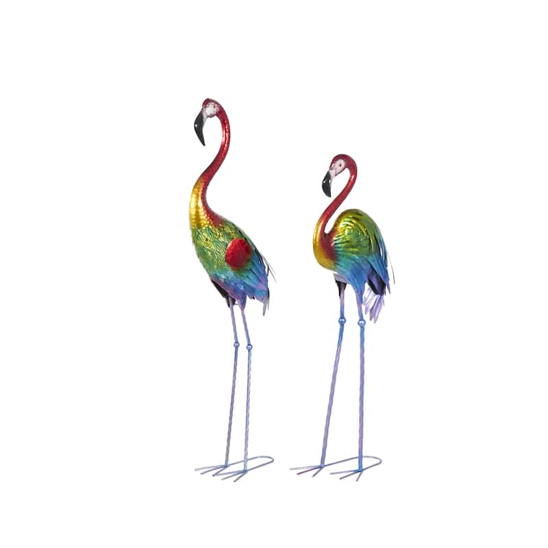 Metal Flamingo Tall Textured Rainbow Garden Sculpture - Set of 2 Multi Colored - Roche River Decor