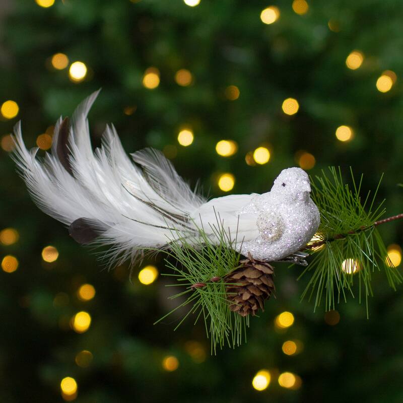 8" White and Black Glittered Bird with Feather Tail Christmas Ornament with Clip