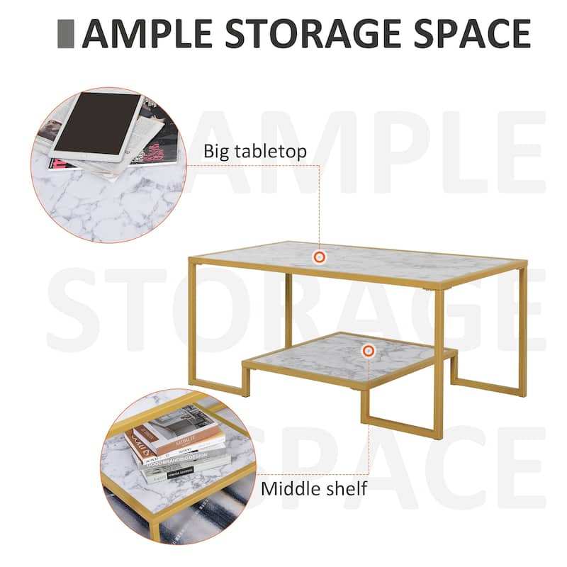 HOMCOM Minimalist Art Deco Coffee Table with Laminate Marble Print Table Top & Underneath Storage Shelf, White & Gold