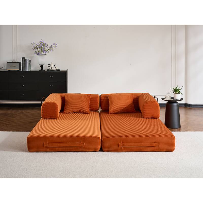 Convertible Sleeper Sofa Bed with Cylindrical Pillow, Corduroy Folding Mattress Couch with Fixed-Shape Frame