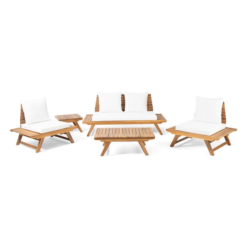 Sedona Outdoor 4 Seater Acacia Wood Chat Set with Side Table and Coffee Table by Christopher Knight Home - Teak Finish + White Cushion