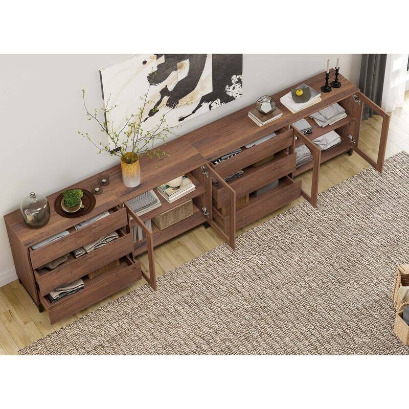 Modern Sideboard with Adjustable Shelves and 6 Drawers, 4 in 1 Storage Cabinet with Glass Doors, Coffee Bar Cabinet for Kitchen