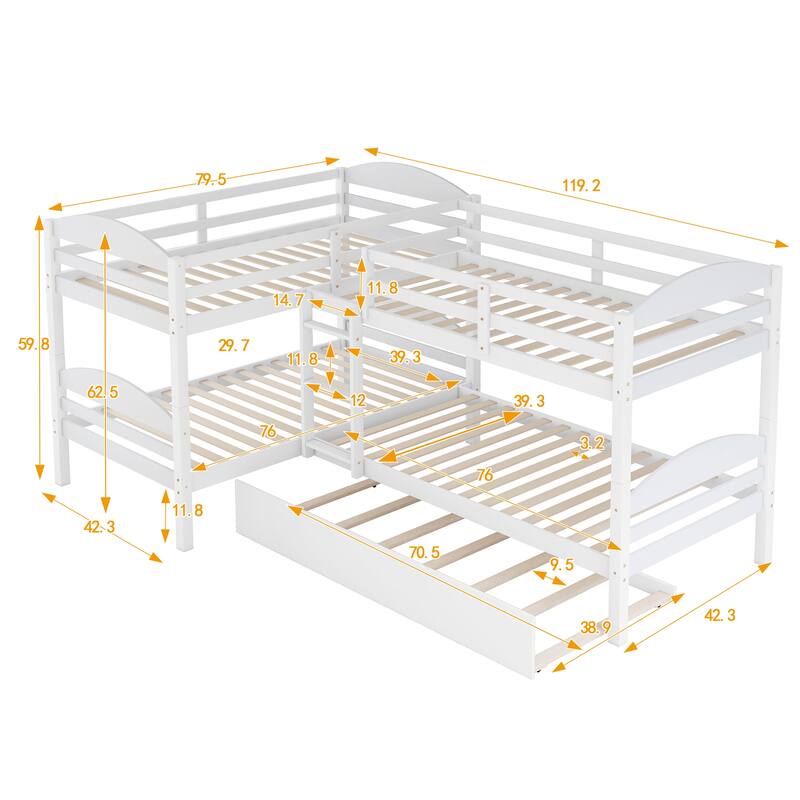Twin Over Twin L-shaped Triple Bunk Bed with Trundle Bed & Ladder