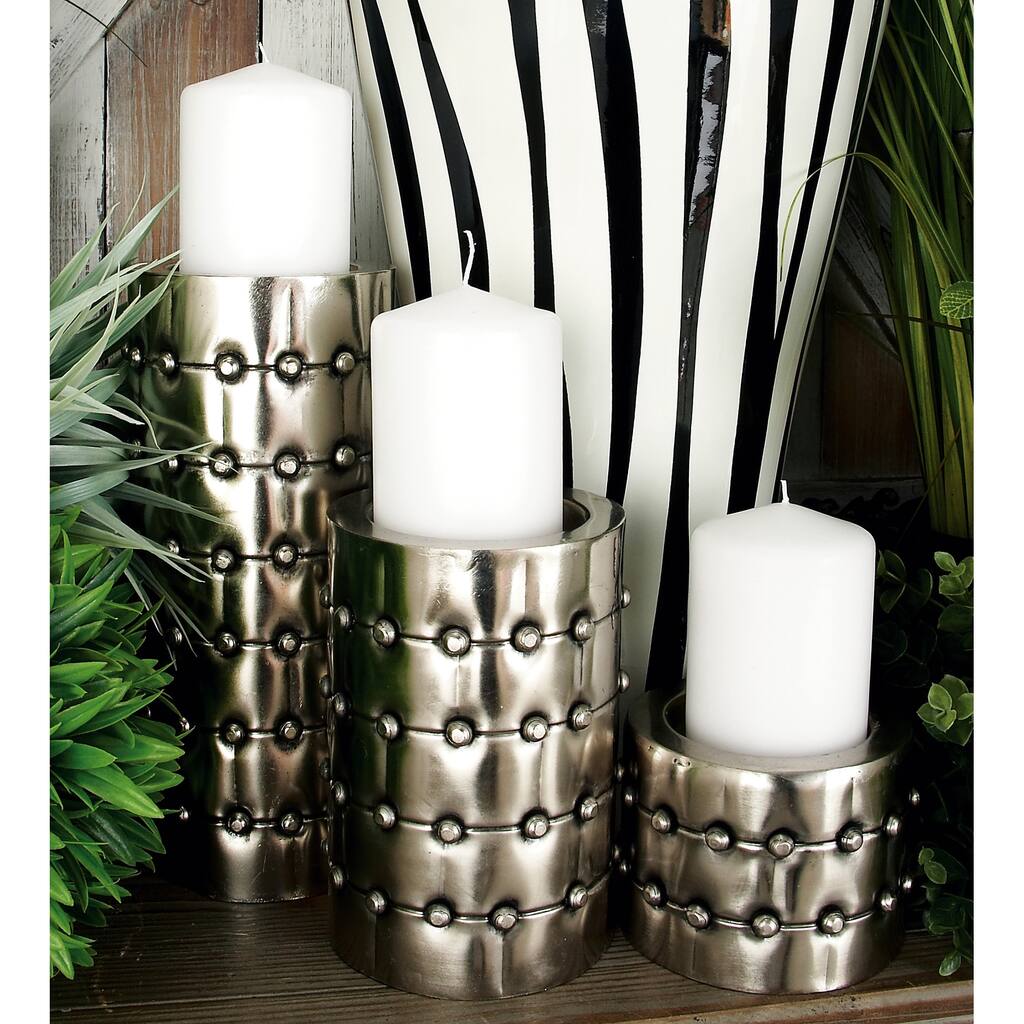 Silver Metal Handmade Pillar Candle Holder with Studs (Set of 3) - S/3 11",7",4"H