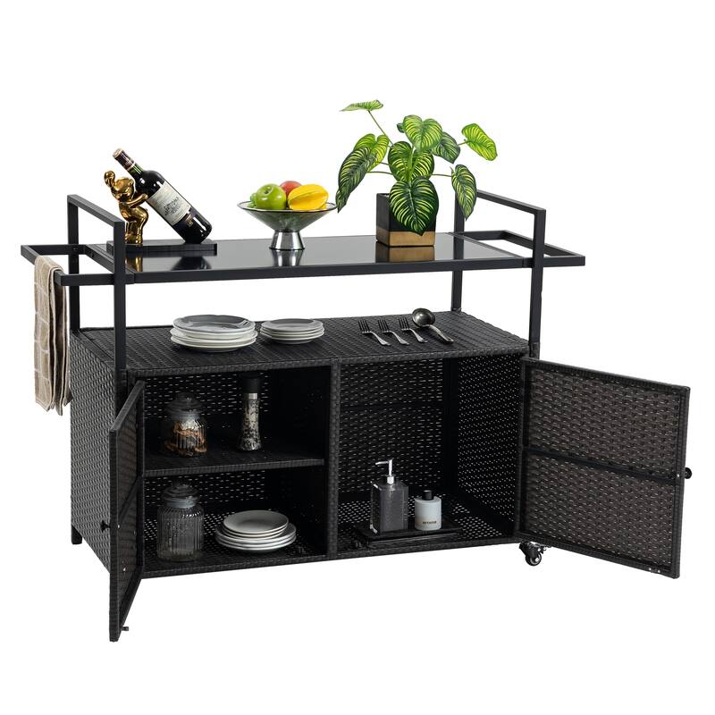Anmytek Rolling Outdoor Wicker Bar Cart Rattan Beverage Serving Cart with Wheels Glass Top Black for Patio Poolside