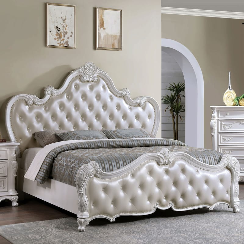 Furniture of America Eugene Traditional Solid Wood Panel Bed with Tufted Leatherette Headboard - White - King