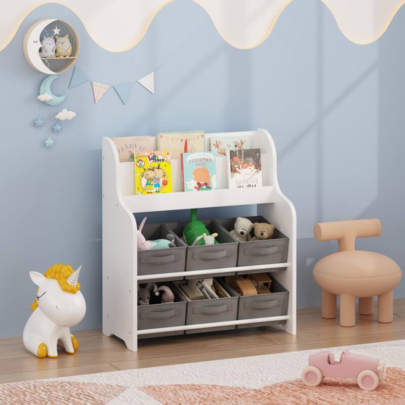 Kids Bookshelf with 6 Fabric Storage Bins - White