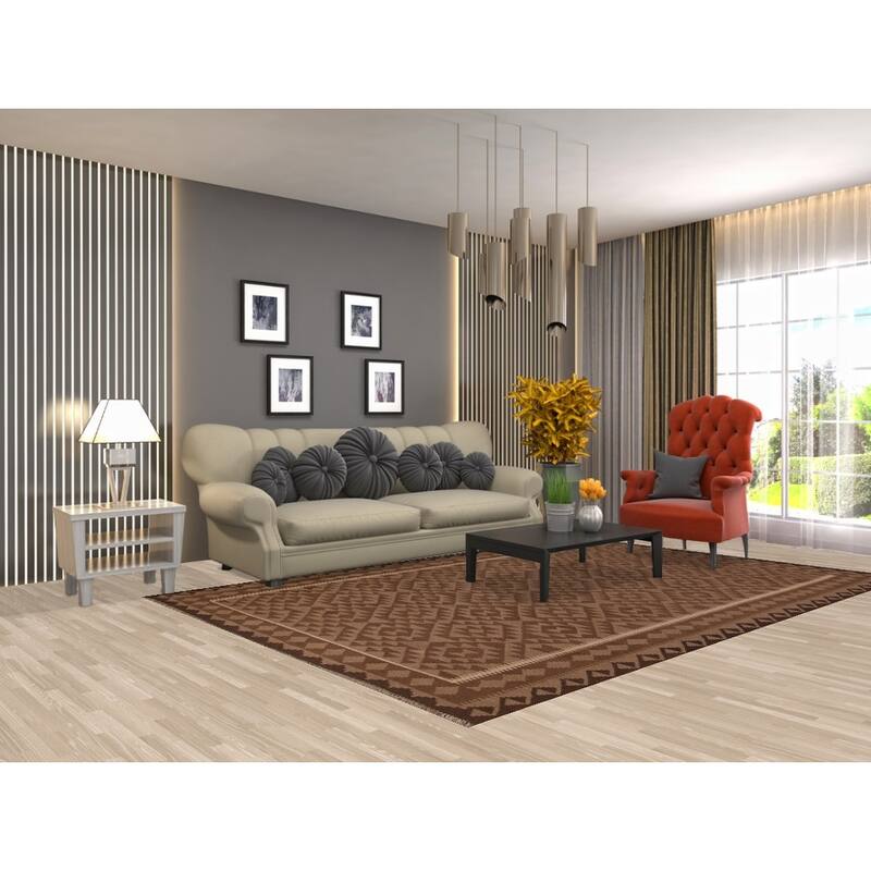 Earth Tone Kilim Oriental Area Rug Flat-weave Wool Carpet - 6'7"x 9'9"