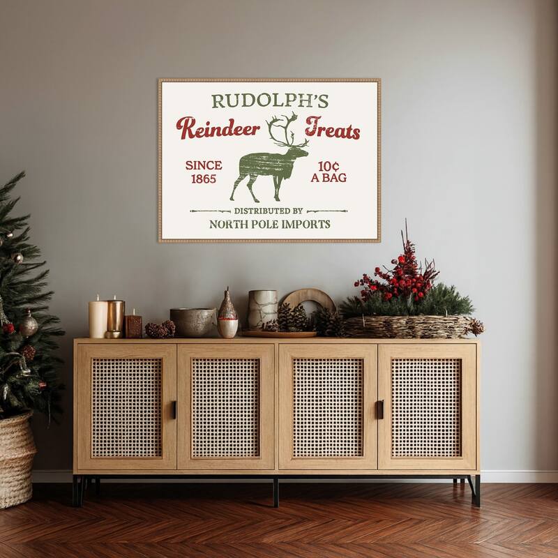Christmas Farm Sign IV by Victoria Barnes Framed Canvas Wall Art Print - Sylvie Beaded Rustic Natural