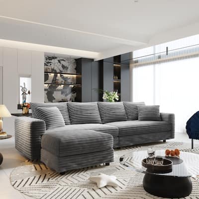 102.4 " Corduroy Modular Sofa, Modern Upholstered Sofa Cloud Couch, Deep Seat Couches w/ Pillows, Movable Ottoman for Apartment