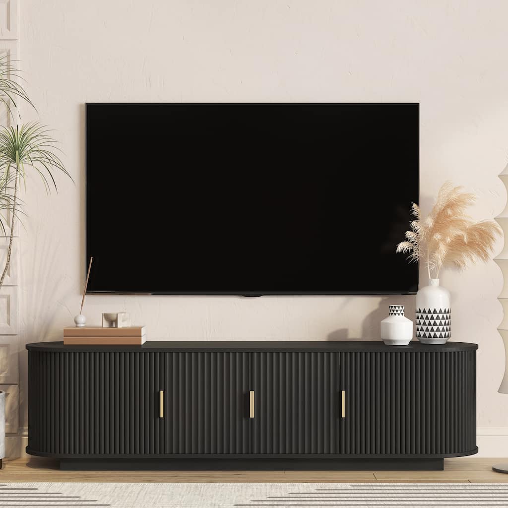 66.9"TV Stand for TVs up to 75",Farmhouse Entertainment Center with Adjustable Shelves,Fluted Media Console with Sliding Doors