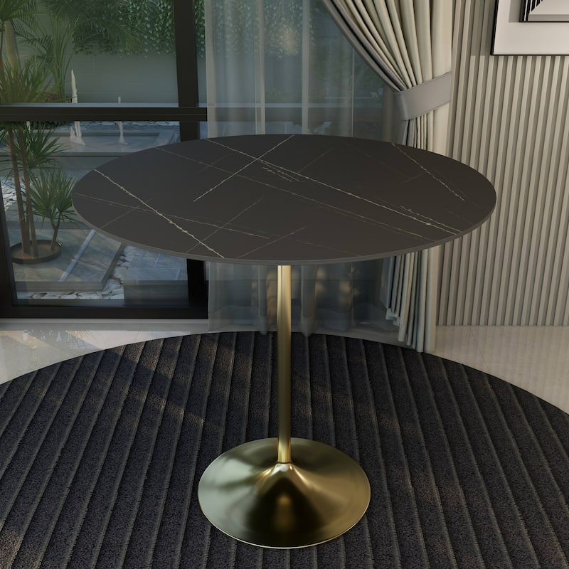 LeisureMod Verve 48" Round Bar Dining Table with Sintered Stone TableTop and Brushed Gold Base for Kitchen & Dining Room