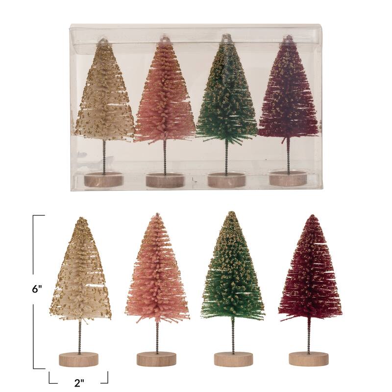 Sisal Bottle Brush Trees with Glitter and Wood Base, Set of 4