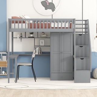 Twin size Loft Bed with Bookshelf,Drawers,Desk,and Wardrobe
