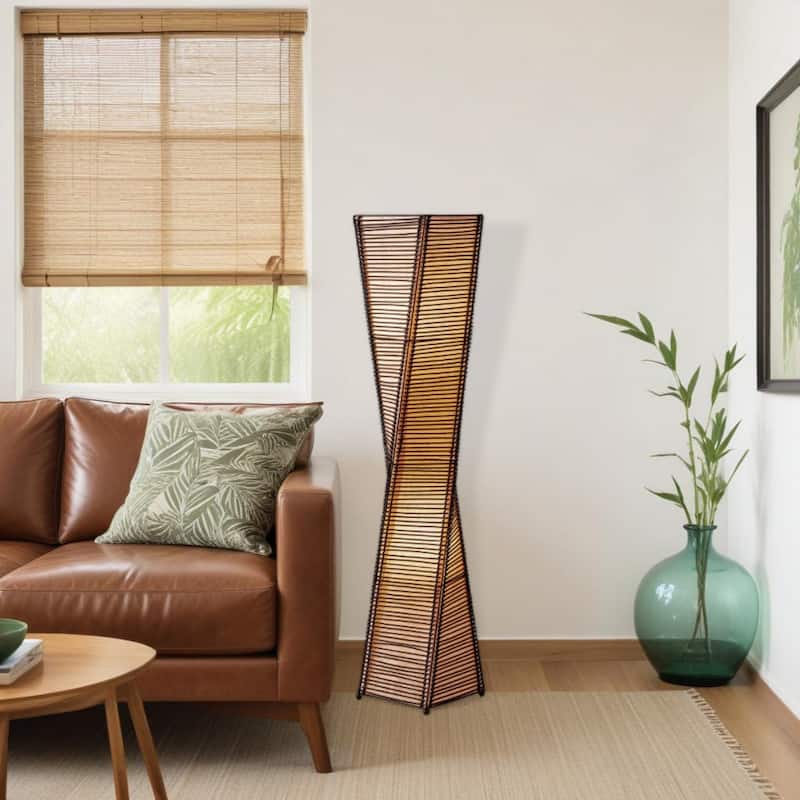 50" Boho 2-Light Cylinder Shape Floor Lamp with Twisted Paper Shade and Black Base Foot Switch - 50”H x 9.5”W x 9.5”D