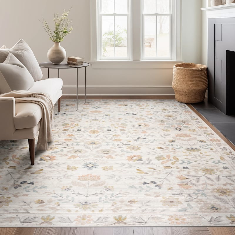 Crosswood Helen Traditional Floral Indoor Polyester Area Rug - 5'3'' x 7' - Cream/Aqua