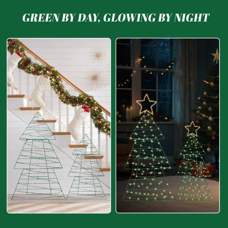 Set of 2 Lighted Metal Christmas Tree Yard Decorations - Green