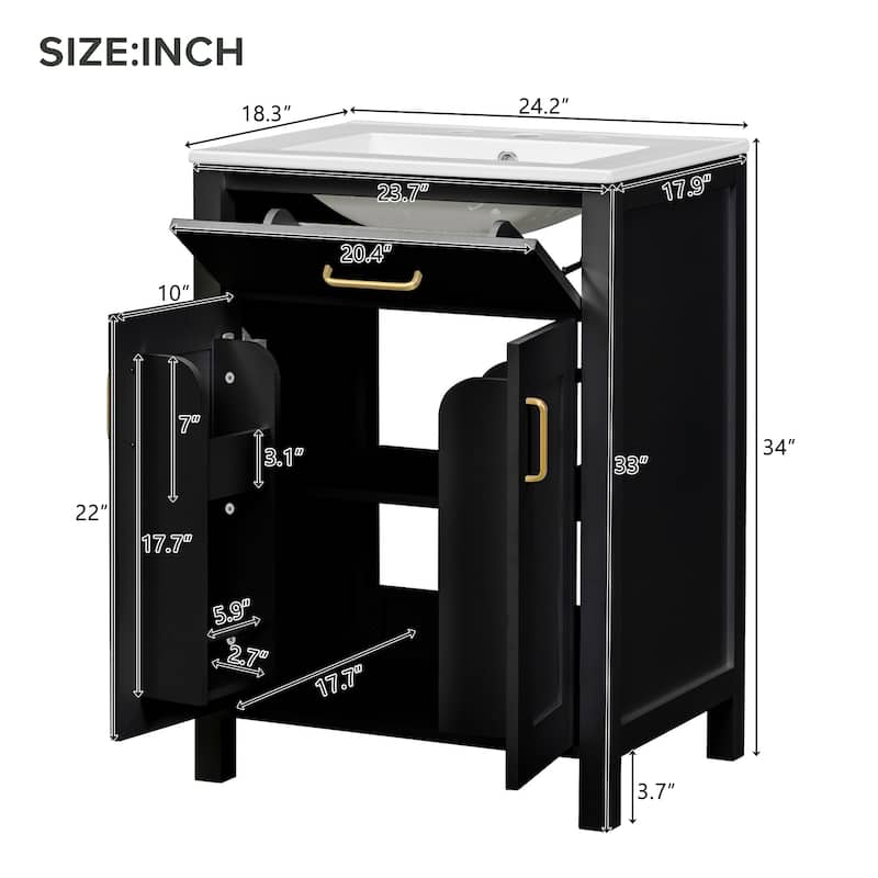 24" Freestanding Bathroom Vanity with Ceramic Sink, Soft-Close Doors and Solid Wood Frame, Space-Saving Modern Cabinet