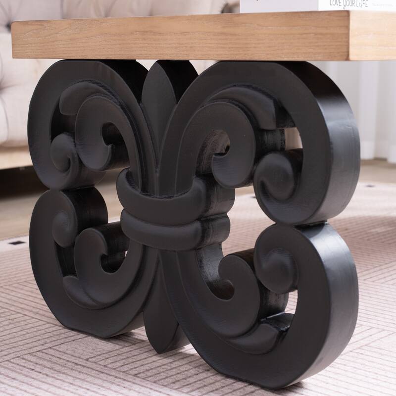Black Scroll Base Coffee Table, Rectangular Wood Accent Table for Modern Farmhouse Living Rooms