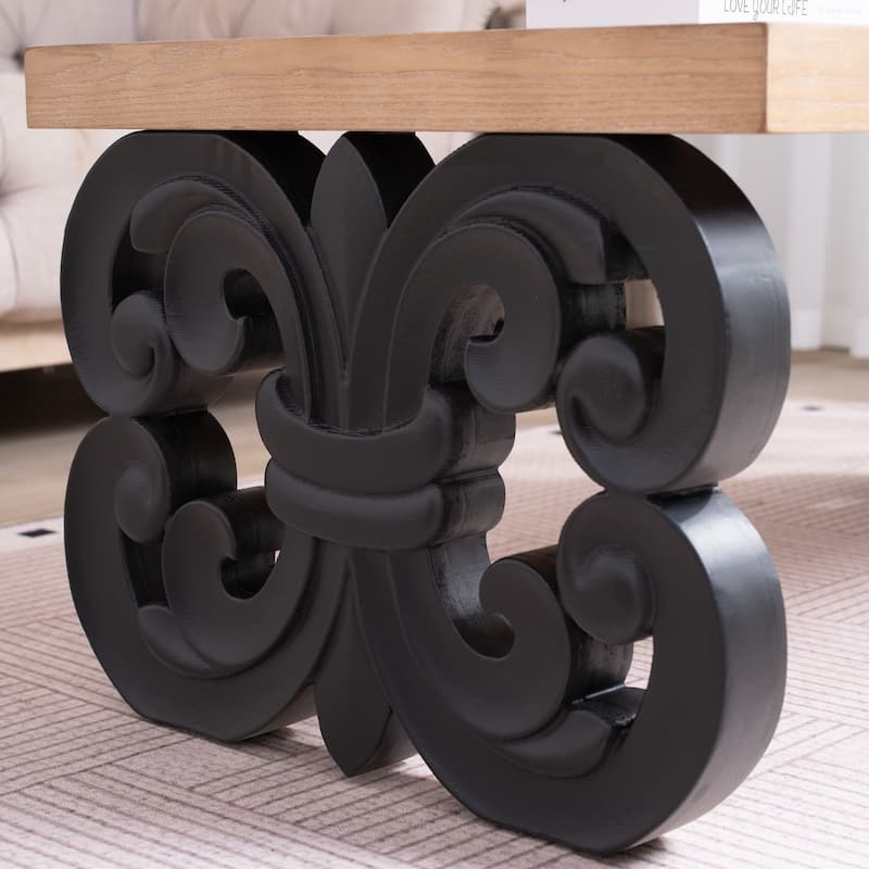 Ornate Wood Coffee Table-47" Rectangular Farmhouse Style Table with Carved Base and Natural Wood Top-Living Room Accent Table