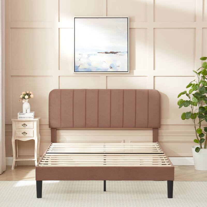 VECELO Velvet Upholstered Bed Frame with Vertical Channel Tufted Headboard, Adjustable Headboard, Wooden Slats Support