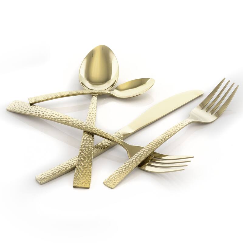 Daisy 20 Piece Hammered Design Stainless Steel Silverware Set in Gold