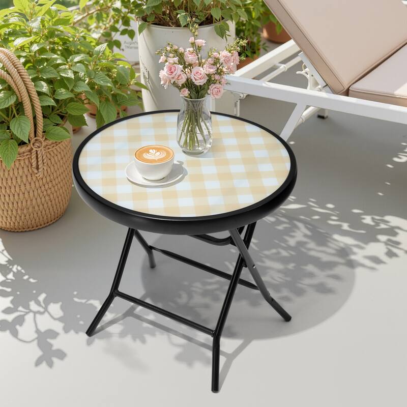 Outdoor Patio Folding Round Table Tempered Glass Top