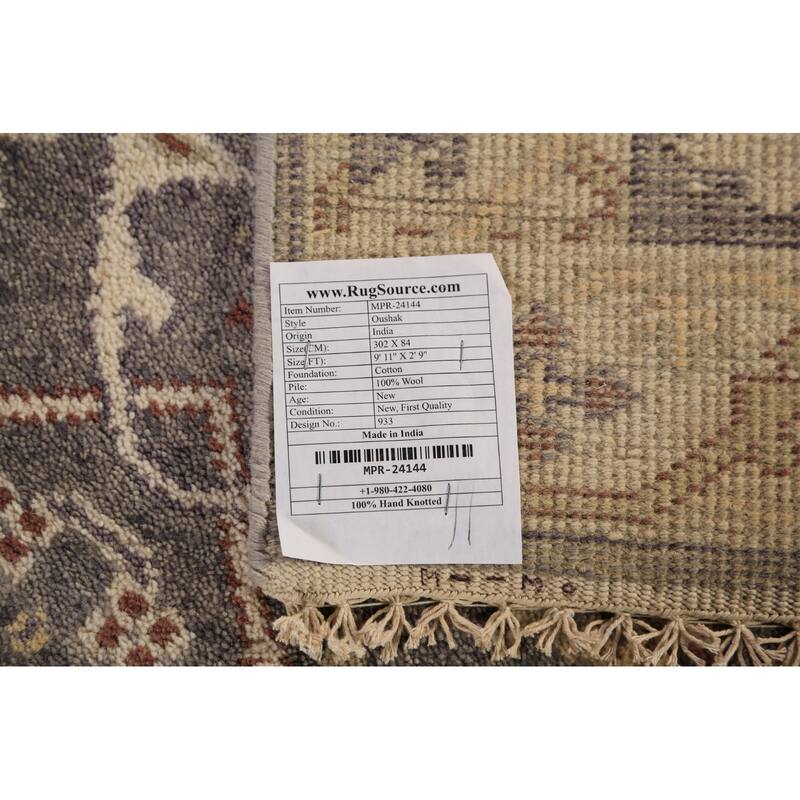 Gray & Ivory Oushak Indian Runner Rug Hand-Knotted Wool Carpet - 2'9"x 9'11"