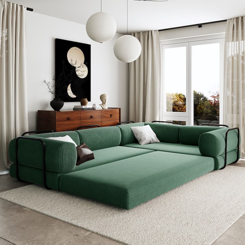 L-Shaped Modular Sofa Sleeper Sofa, Corduroy Sectional Sofa with 3 Wedge Cushions and Flat Cushion, Convertible Sofa Bed