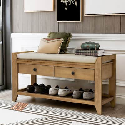 Entryway Bench with Shoe Storage and Bench Cushion,Storage Bench with Drawers-Old Pine
