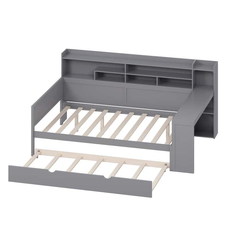 Full Size Wooden Daybed with Storage Shelves, Twin Size Trundle Bed and Study Desk
