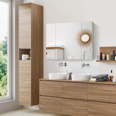 kleankin LED Medicine Cabinet, Wall-Mounted Bathroom Vanity Mirror Organizer with Dimmer Touch Switch, Three Doors, White
