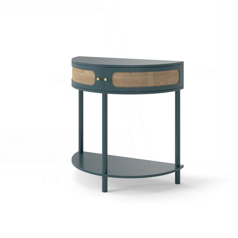 Charming Half Moon Console Table with Rattan Doors and Multiple Storage Options